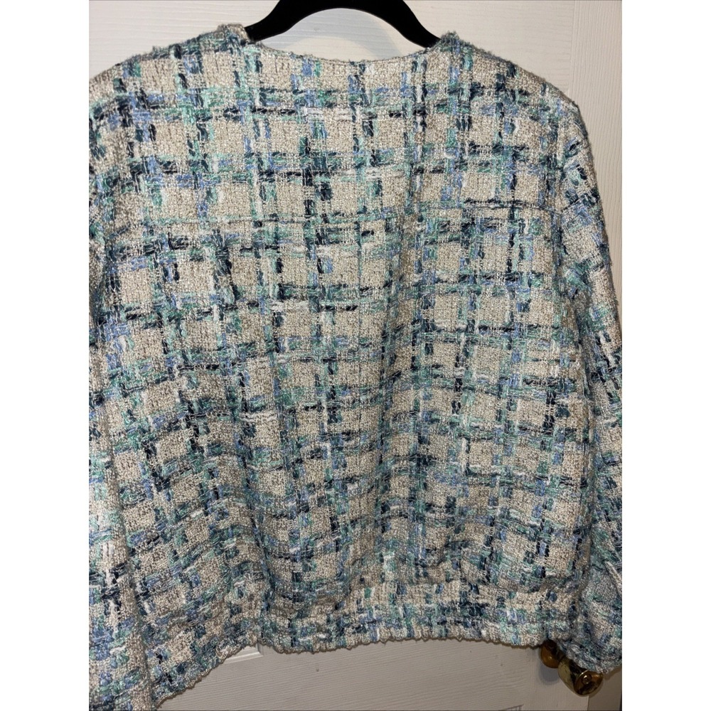 NWT Boston Proper XL Tweed Zip Bomber Lady Jacket Blue Green Cream Pockets - Picture 12 of 16